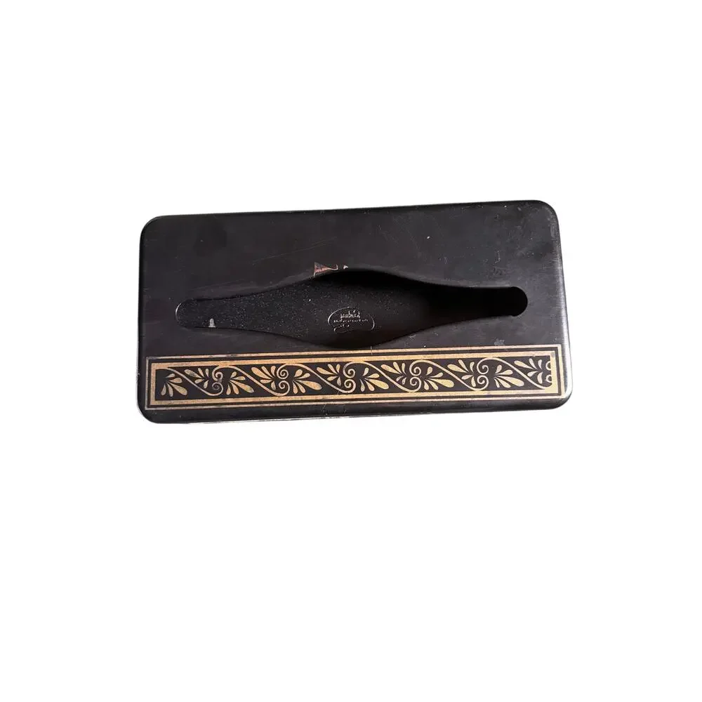 Vintage Ransburg MCM Tissue Box Cover Metal Black Gold Atomic Floral Patina